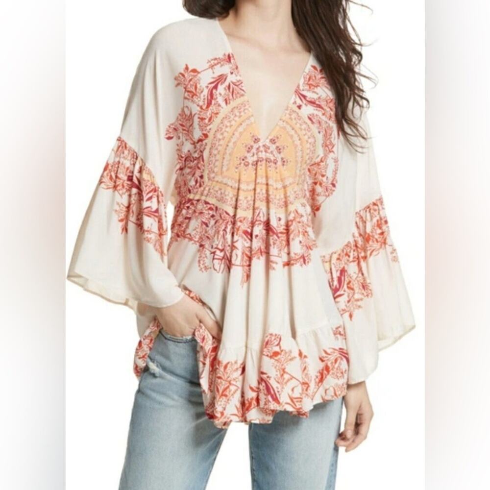 Free People cream Bohemian Ruffle Festival Sunset Dreams Printed Tunic Size S
